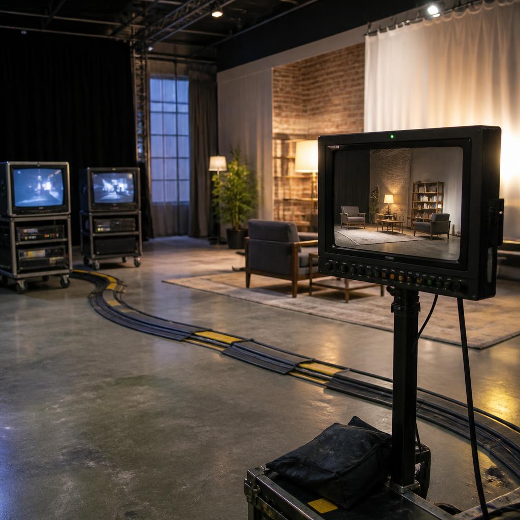 A production setting with television screens positioned for a camera view